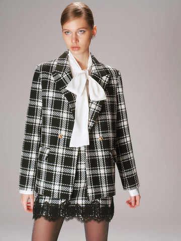 Metal Button Plaid Tweed Blazer