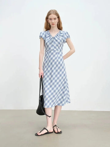 French-style blue and white bias-cut plaid short-sleeved dress
