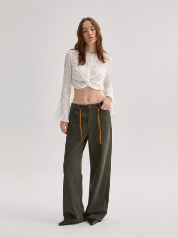 White textured short-sleeved flared top